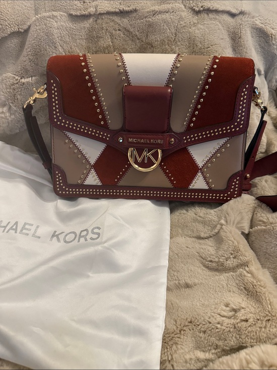 Michael Kors Handbags - Michael Kors Burgundy, Beige and White Patchwork Crossbody Bag w/Dustbag